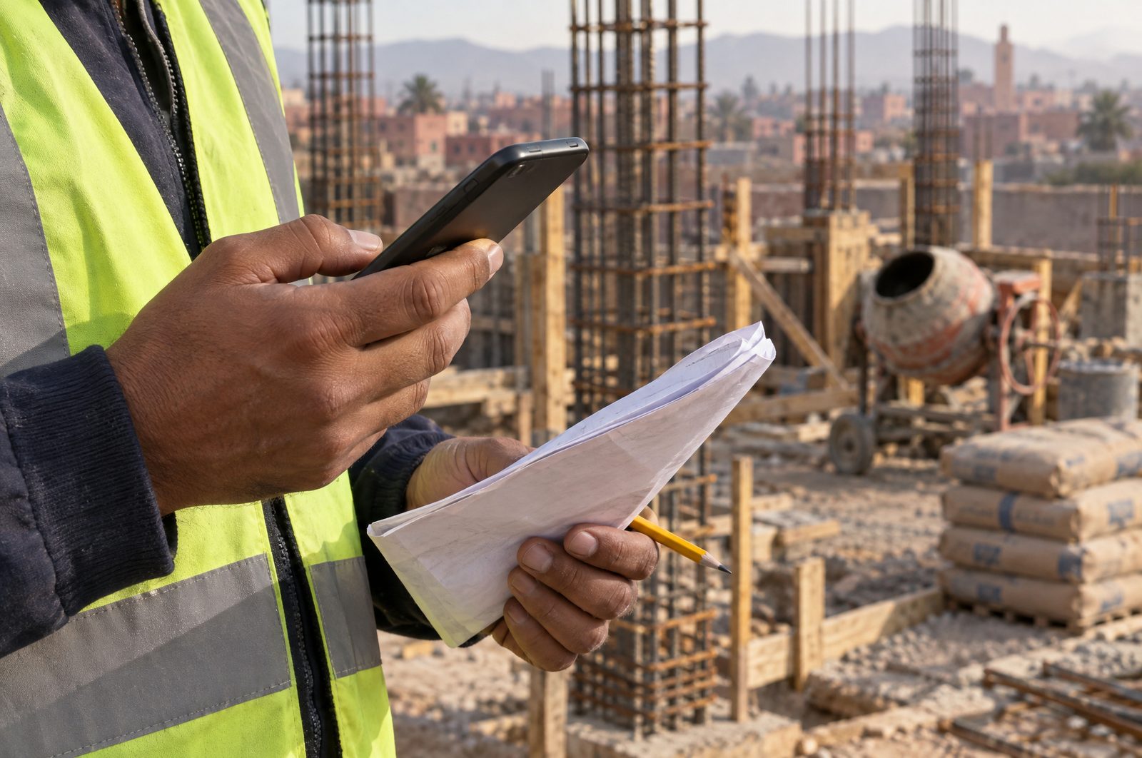 Un chef de chantier saisit un attachement sur son téléphone.